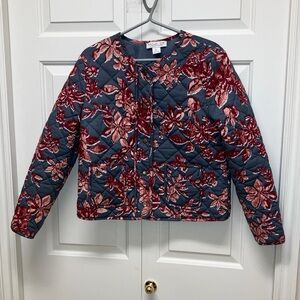 Rachel Zoe quilted collarless patch pocket jacket, floral, wine red & grey L